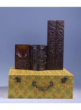 黑檀雕龙书法镇尺镇书房摆件红木书檀木logo荷花文房四宝套装