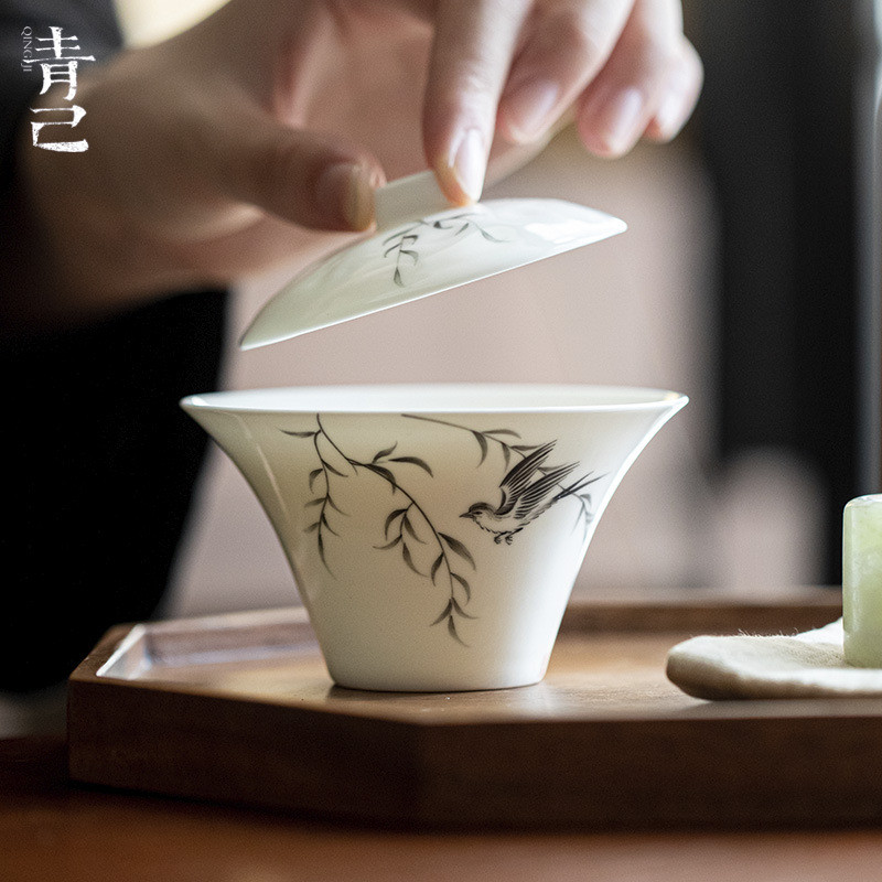 青己 手绘水墨画柳树燕子盖碗 薄胎文人陶瓷泡茶碗釉下彩家用茶具