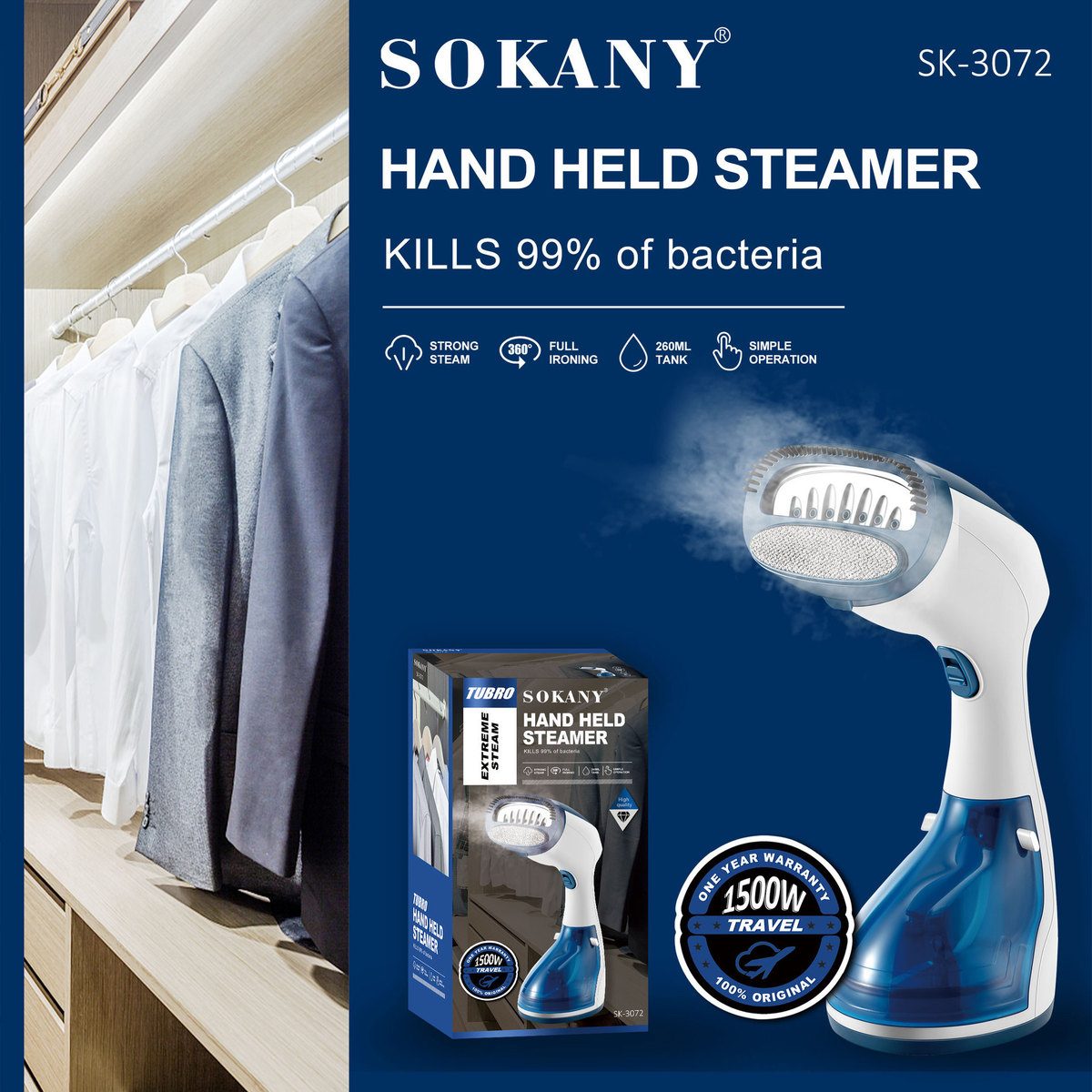 外贸SOKANY3072熨刷迷你手持挂烫机旅行便捷蒸汽熨刷家用电熨斗