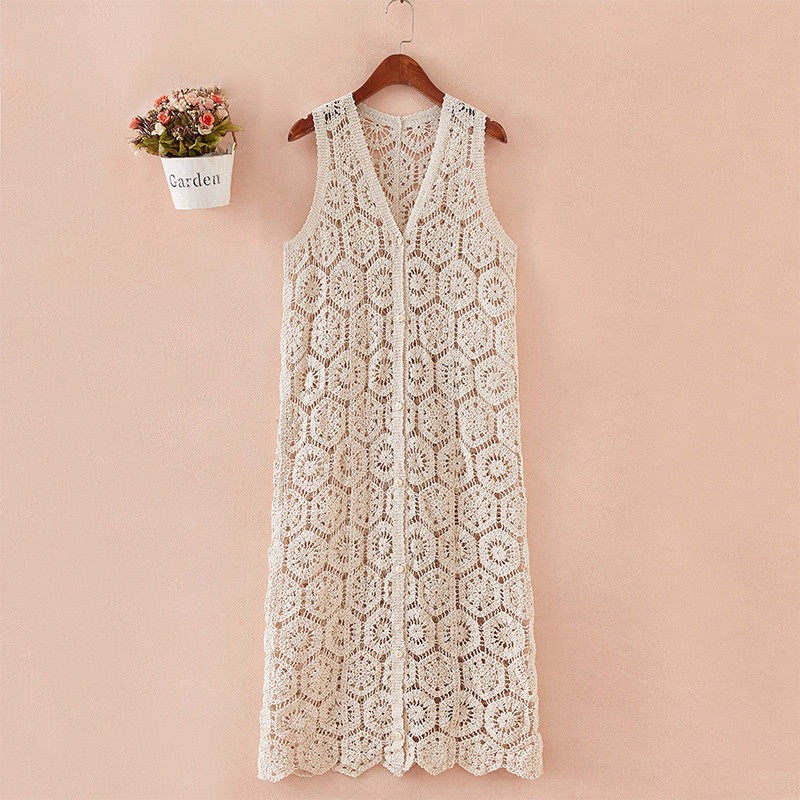 女士马甲外搭女薄款无袖坎肩镂空中长马夹开衫外穿长款度假夏