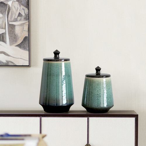 热销新中式售楼处博古架摆件书柜书房大厅玄关摆设陶瓷储物罐软装