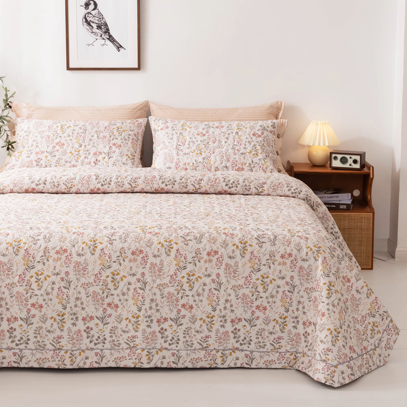 双面夹棉碎花床盖单件纯棉绗缝垫三件套榻榻米床单美式衍缝道