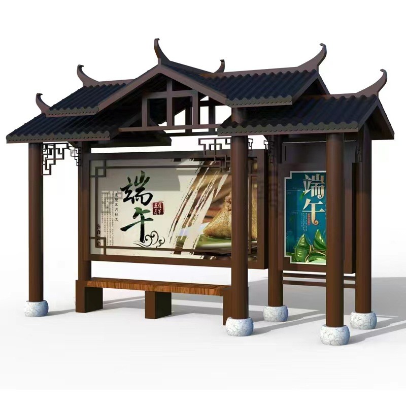 热销不锈钢候车亭仿古公交站台灯箱电子站牌智能滚动城镇太阳能候