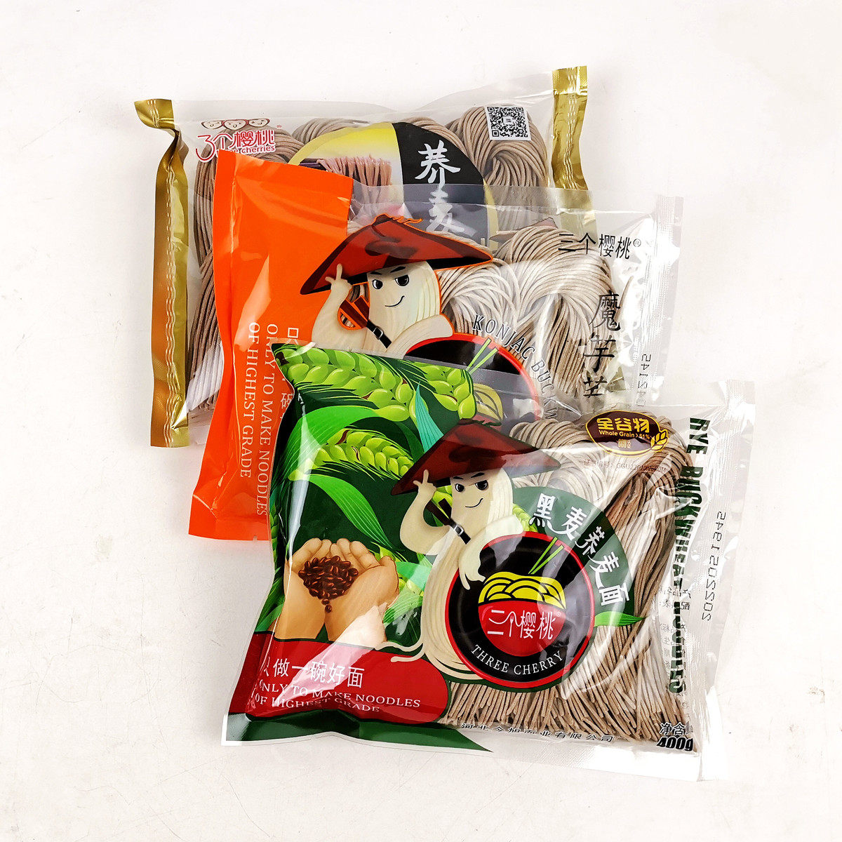 新日期正品三个樱桃荞麦面400g*6袋待煮凉拌低脂半干湿面条美味健