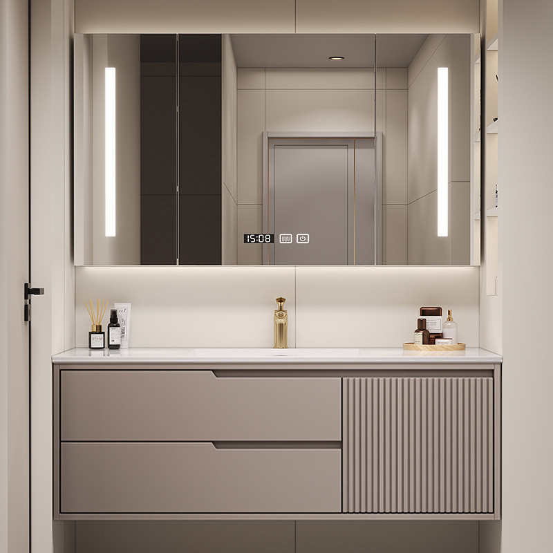 实木浴室柜组合岩板网红无缝盆陶瓷一体盆卫生间陶瓷洗漱洗脸台