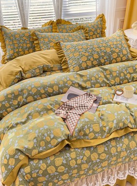 热销9joa类双层纱水洗棉炕床盖三件套榻榻米棉麻盖被套夹棉床单四