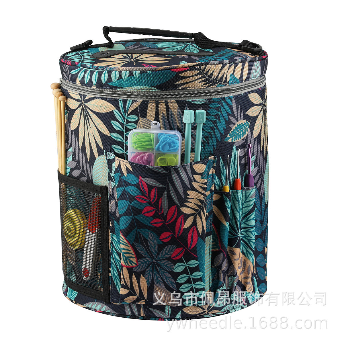 家用圆桶钩针编织毛线收纳包树叶图案针织棒针工具收纳袋批发