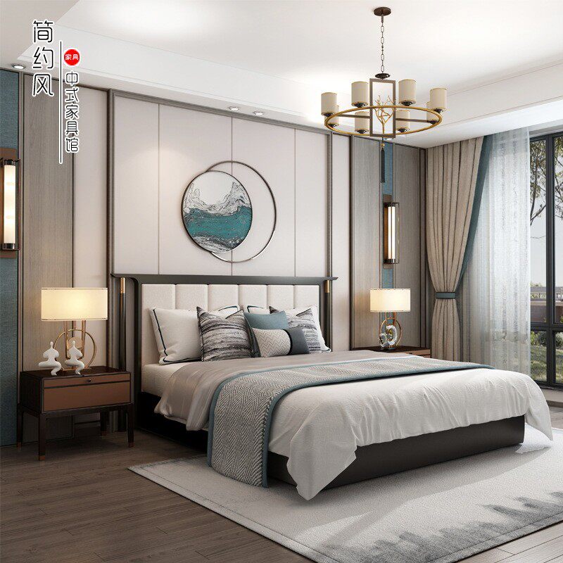 新中式实木床1.8米1.5米主卧室双人床婚床客民宿酒店别墅样板房