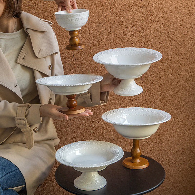 小悠家〖法式蕾丝花边〗木质高脚果盘客厅陶瓷水果盘中古收纳托盘,餐饮具,果盆/果盘/果篮,淘宝优惠券,粉丝福利购,淘宝优惠卷