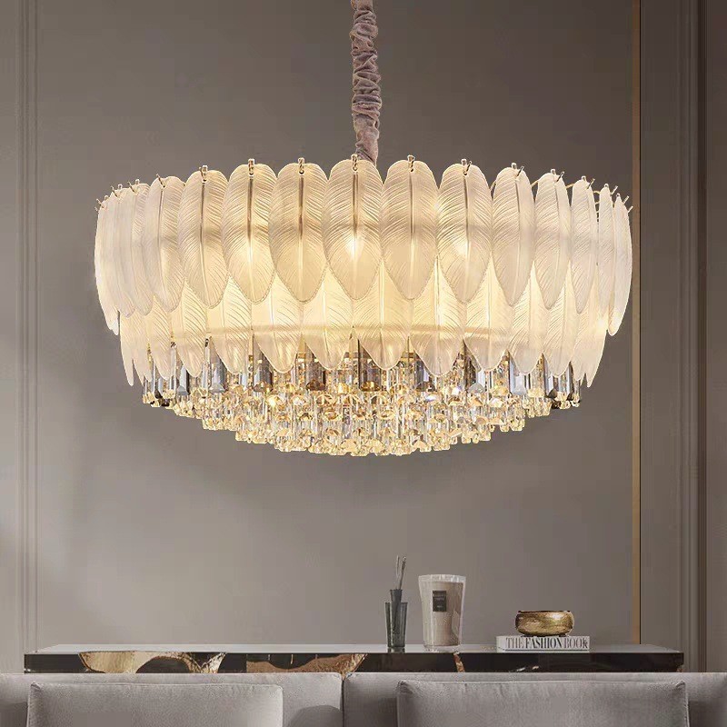 热销法式轻奢水晶客厅灯羽毛网红个性餐厅吊灯主卧室风别墅奶油吊