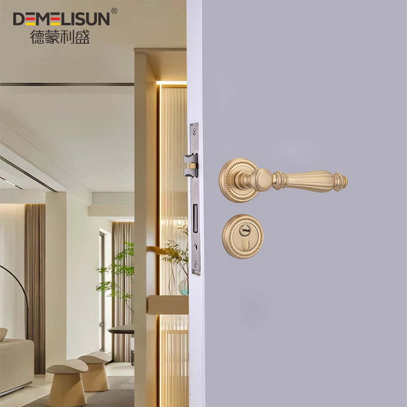 热销卧室分体磁吸静音门锁轻奢法式pvd房间金色木门奶油风门把手