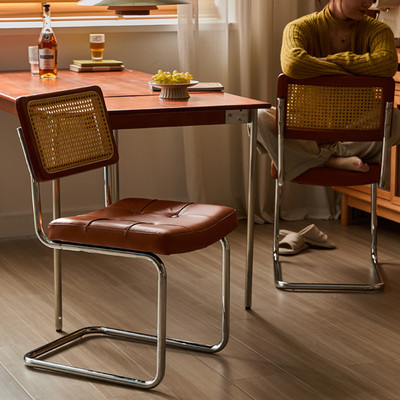 中古风餐椅不锈钢椅子实木复古靠背椅藤编家用凳子2025新款餐桌椅