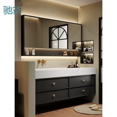 Av8法式复古岩板热弯一体盆浴室柜组合无缝卫生间洗手洗漱台现做