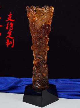 九五之尊琉璃龙柱员工黑水晶底座圆柱工艺品奖牌单位企业奖杯荣休