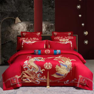 新疆长绒棉婚庆四件套大红色刺绣纯棉全棉绣花被套床单婚房床品
