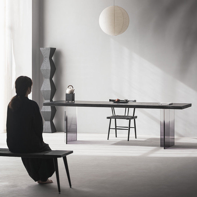 叁几 侘寂风白蜡木碳化黑色大板茶桌家用书桌实木亚克力渐变餐桌,住宅家具,家用茶台/茶桌,淘宝优惠券,粉丝福利购,淘宝优惠卷