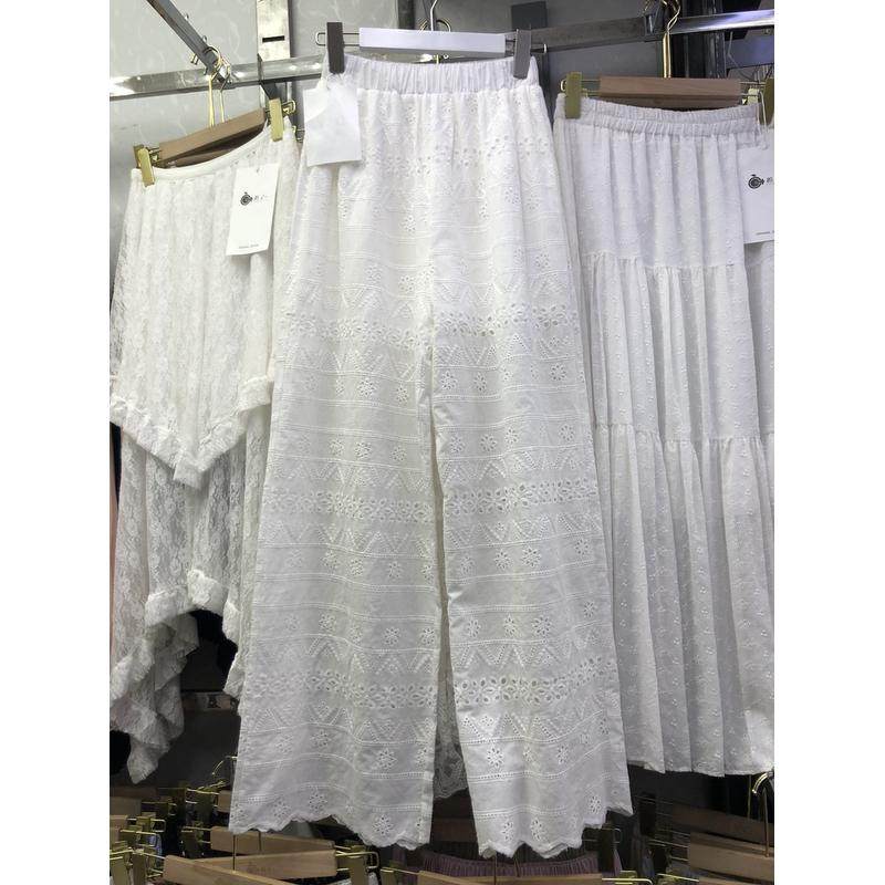 韩版度假慵懒风蕾丝刺绣白色镂空女夏季宽松直筒阔腿裤女薄