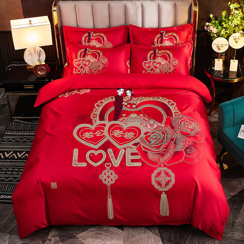水洗棉婚庆四件套新款款磨毛印花4件套床单大红被套结婚批发包邮