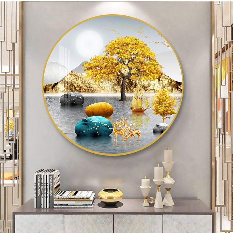 轻奢客厅装饰画北欧麋鹿沙发背景墙圆形创意壁画大气玄关餐厅新款图片