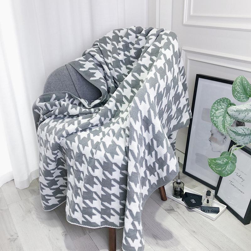 热销2o6x轻奢巾千鸟格沙发毯毯子床搭黑白针织盖毯毛毯办公室午睡
