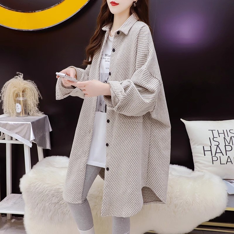 中长款加厚衬衫女春秋冬新款韩系设计感毛呢大衣洋气宽松