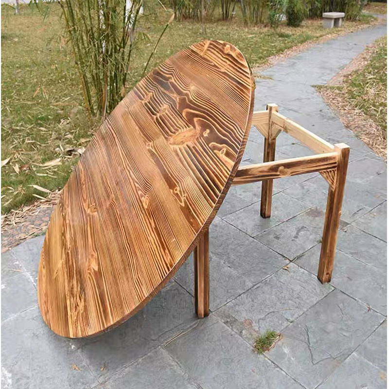 饭店农家乐圆桌椅组合烧烤店碳化木火锅桌全实木大排档餐厅快