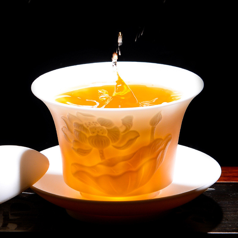 羊脂玉盖碗茶杯德化白瓷茶碗带盖单个三才功夫家用茶具套装浮雕碗
