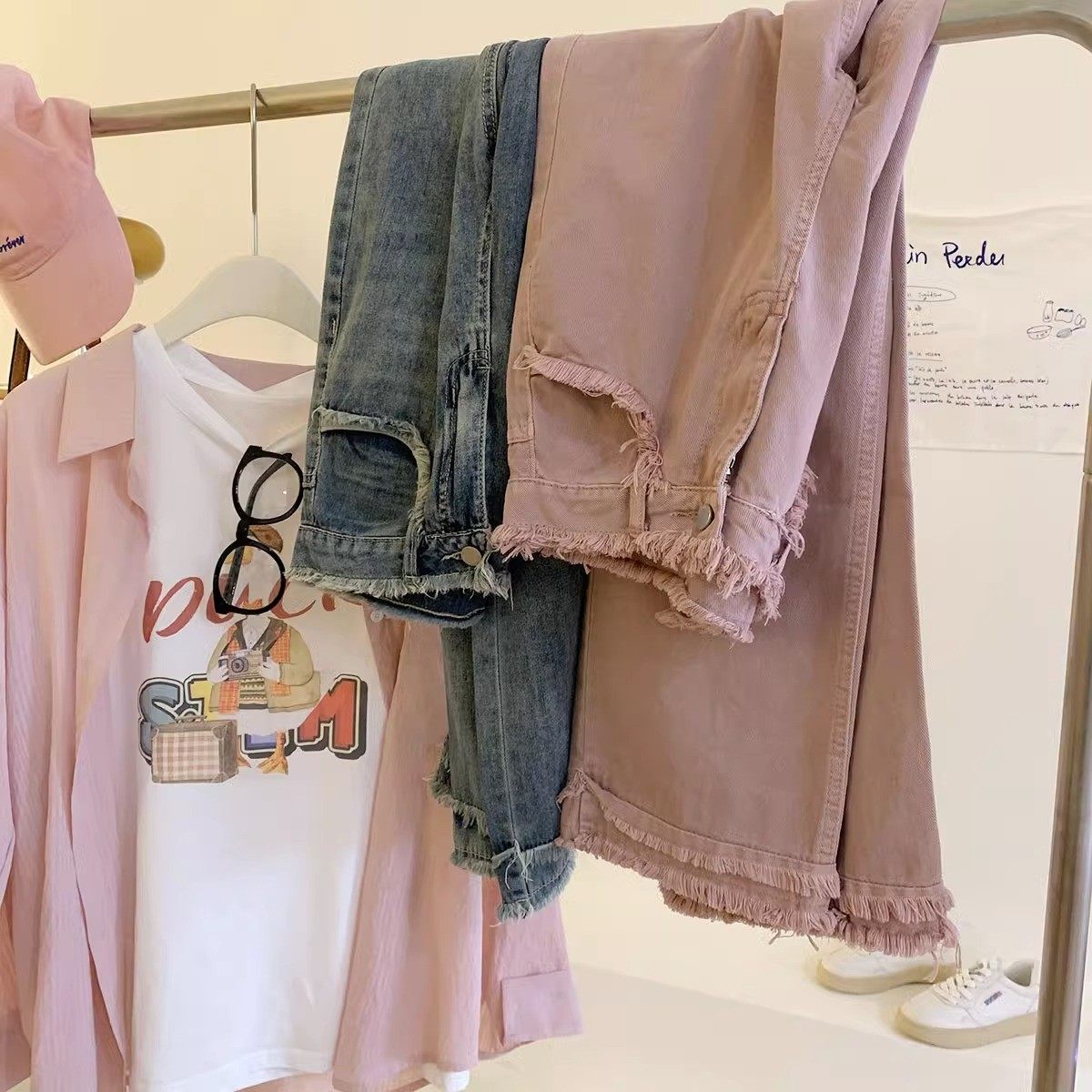 胖mm大码粉色毛边阔腿女宽松显瘦百搭小个子九分直筒裤