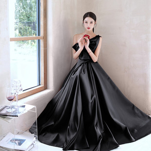 黑色晚禮服女2025新款 新品 緞面高級(jí)感高端輕奢小眾公司年會(huì)藝考連