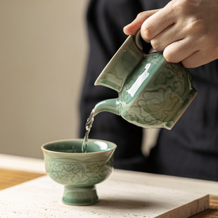热销青瓷越窑手工刻花公道杯宋式执壶茶海分茶壶器带盖建水茶洗
