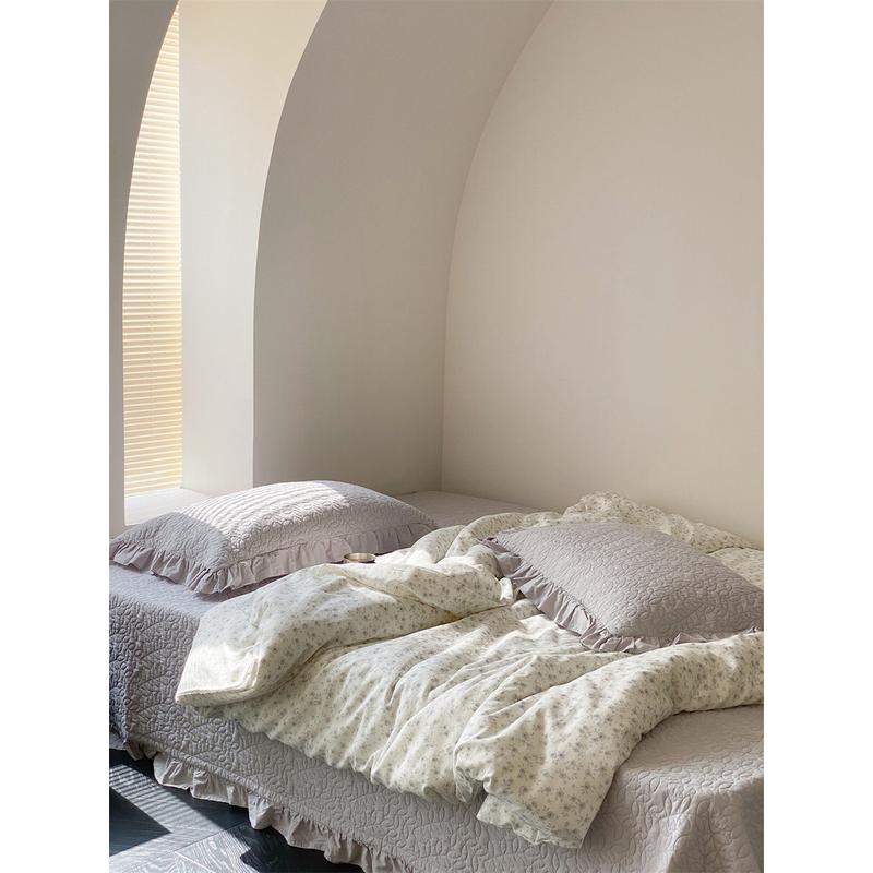 荷叶边素色夹棉加厚双层床单纱被套ins全棉水洗棉绗缝床盖三件套