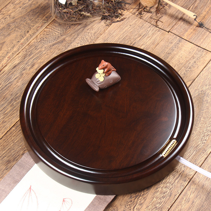 黑檀木茶盘圆形家用原木整块实木功夫茶具小型茶台茶海茶托盘排水