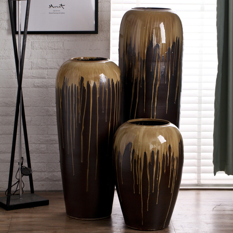 新中式三件套釉流落地大号花瓶干支陶罐摆件花盆坛子景德镇陶瓷缸