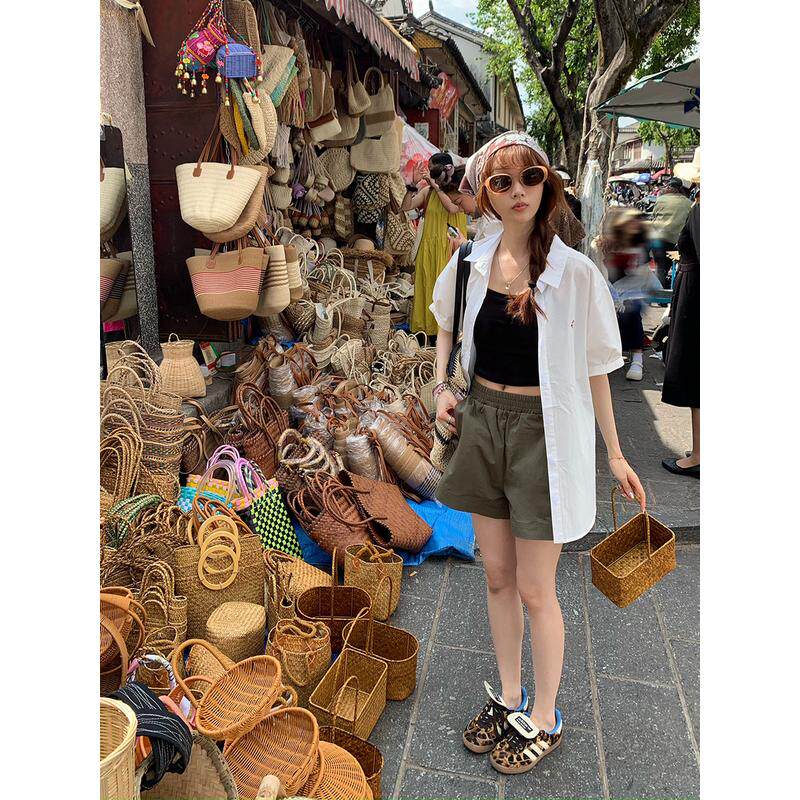 荒荒家 英文刺绣衬衫2025夏季新款港风宽松薄款小女