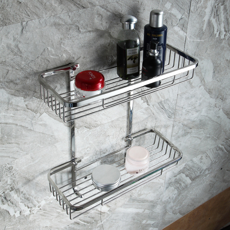 热销不锈钢置物架壁挂式四方网篮酒店浴室304不锈钢毛巾挂勾双层