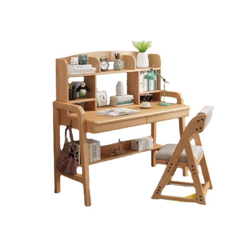 全实木书桌学生学习书桌电脑桌北欧简约带一体书架手提实木书桌
