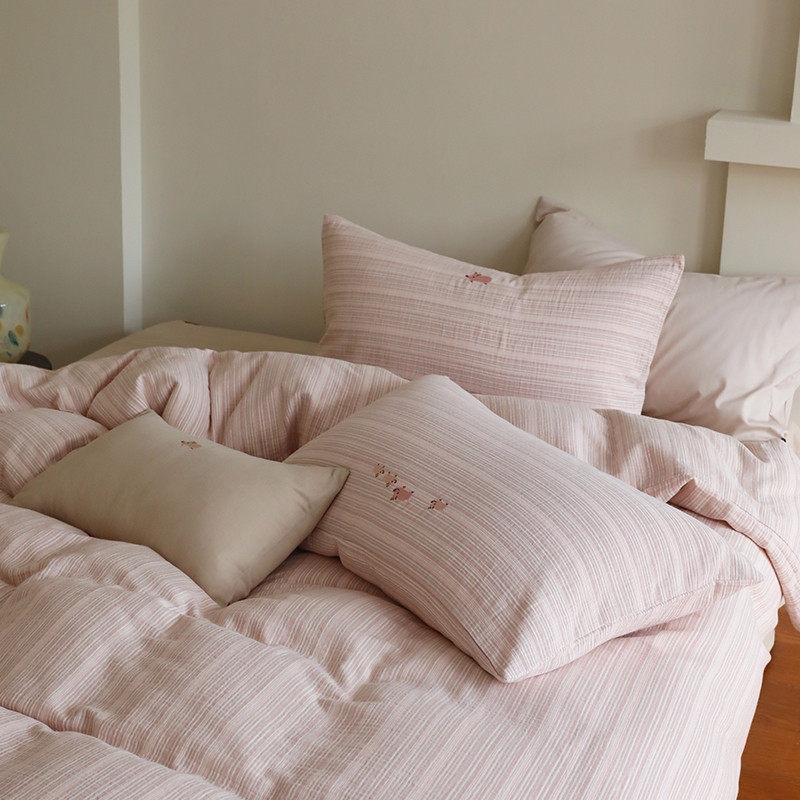 花时间生活小猪刺绣A类四件套纯棉双层纱亲肤床单被套条纹床品,床上用品,床品套件/四件套/多件套,淘宝优惠券,粉丝福利购,淘宝优惠卷