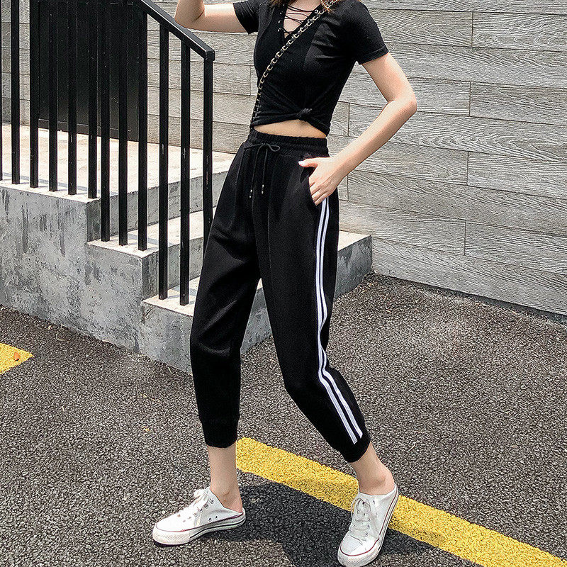 运动裤女春秋宽松束脚双白条学生八分百搭宽松九分