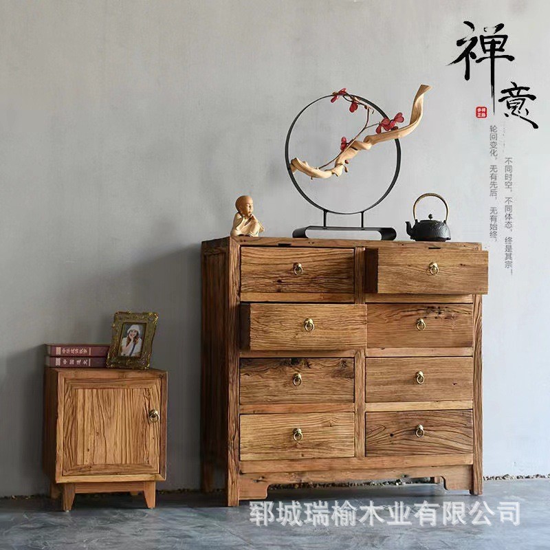 热销中式老榆木餐边柜实木入户门板茶水柜客厅风化玄关收纳柜储物