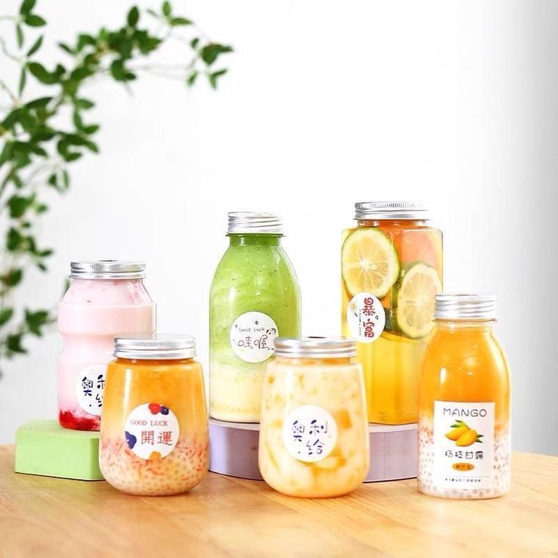 网红奶茶瓶一次性pet饮料瓶胖胖瓶500ml泡茶瓶U形创意杯子带盖