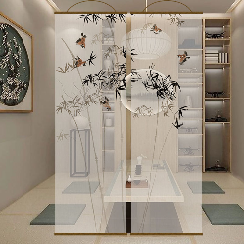 新中式水墨竹双面透景屏风纱中式卷帘隔断帘挂帘窗帘纱帘透光制作