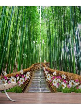 跨境代发数码印花3D绿色竹林小路遮光窗帘隔断门帘小窗户