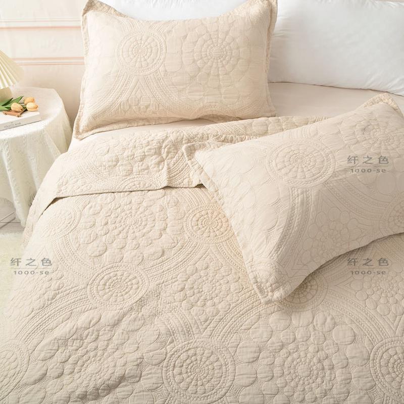 10y复古欧式出口美式纯色白色绗缝被三件套床上用品夏凉被床盖