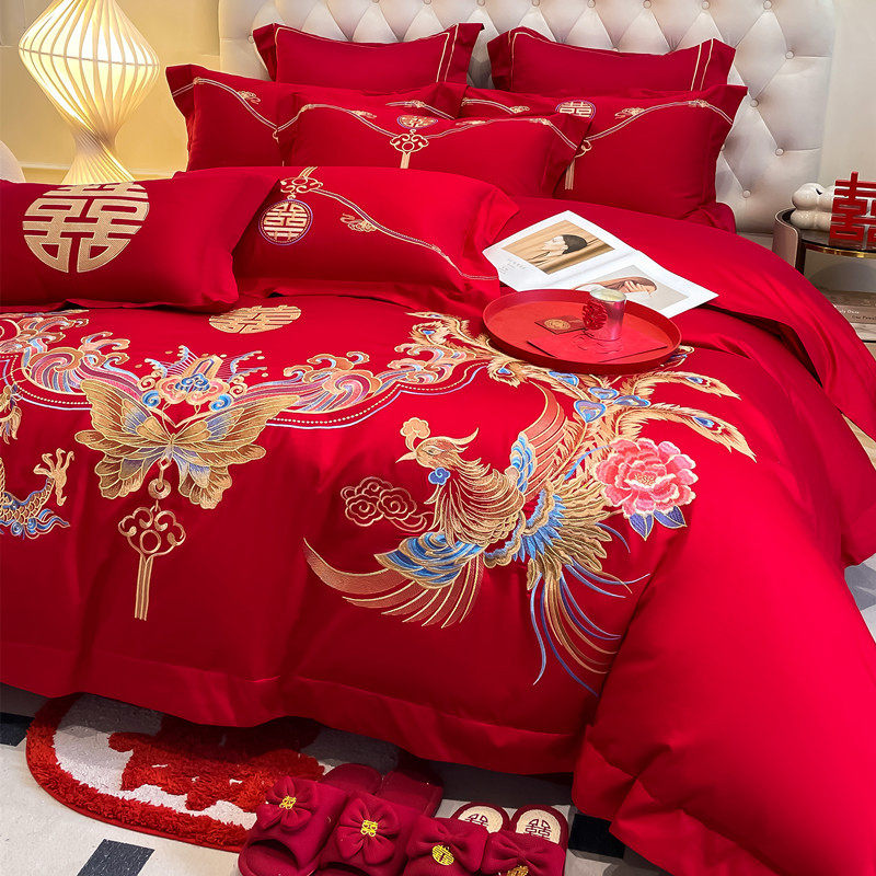 中式龙凤刺绣结婚四件套红色婚庆六件套备婚床单被套喜被床上用品,床上用品,婚庆床品套件,淘宝优惠券,粉丝福利购,淘宝优惠卷