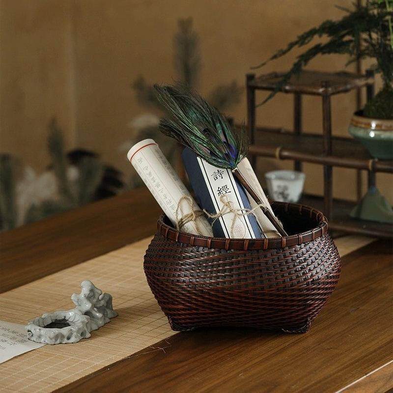 手工竹编圆篓收纳筐中式禅意创意插花花器批发