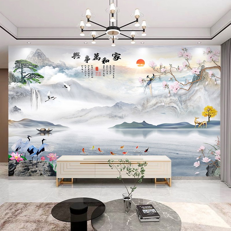 新中式山水画电视背景墙壁纸3d立体壁画新款客厅壁布8d影视墙墙布