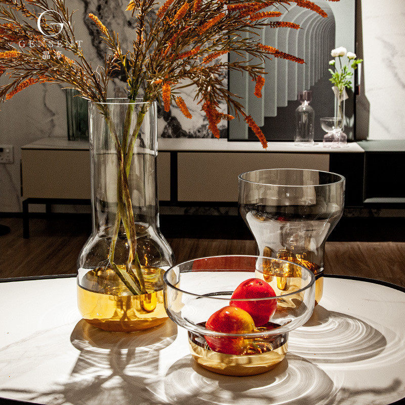 晶淳金色轻者透明餐桌玻璃大花瓶插花装饰高颜值大气果盘套装,家居饰品,装饰摆件,淘宝优惠券,粉丝福利购,淘宝优惠卷