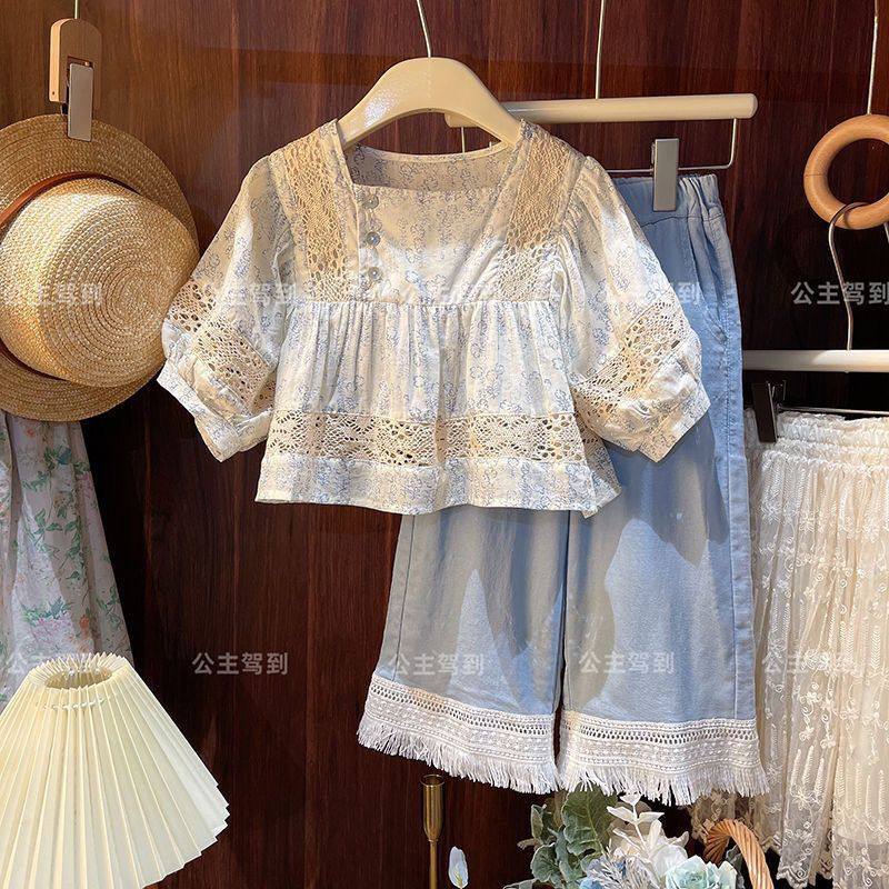 女宝夏季2023新款设计感时尚碎花花边娃娃衫阔腿裤两件套,童装/婴儿装/亲子装,套装,淘宝优惠券,粉丝福利购,淘宝优惠卷