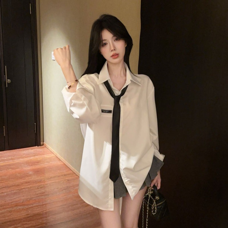 春季翻领中长款白色衬衫女上衣长袖休闲宽松jk领带纯欲风气质衬衣
