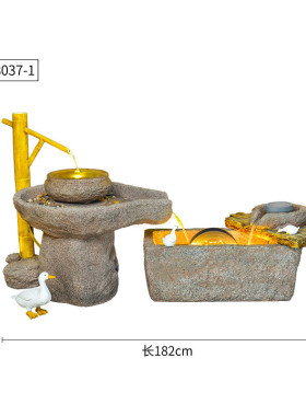 田园石臼流水摆件落地鱼缸家居循环水花园景观水车新居装饰加湿器
